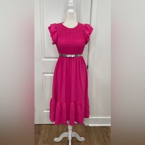 Bright Pink Smocked Waist Midi Dress